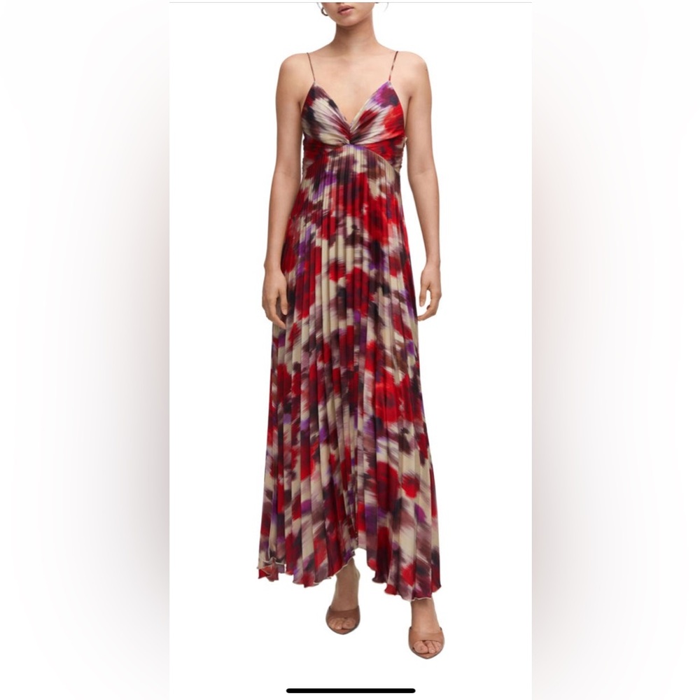 Mango Floral Pleated Satin Sleeveless Dress, Size 4